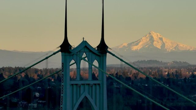 Aerial pan of St Johns Bridge with Mt Hood in the background, Portland, Oregon.
