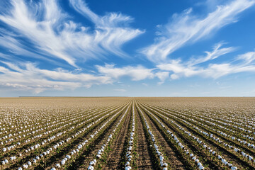 Cotton fields stretch under a clear blue sky. Generative AI
