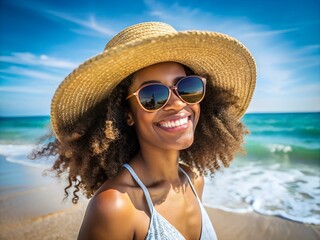 Confident Black mixed race woman wearing sunglasses and straw hat, enjoying sunny beach vacation, feeling relaxed and radiant, embracing summer warmth, ocean breeze, tropical vibes with sun protection