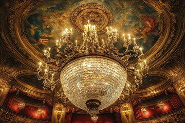 Obraz premium Exquisite chandelier under ornate ceiling in a grand theater showcasing opulent design and architectural beauty