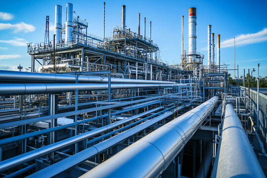 Oil and natural gas central processing facility at sunset. Generative AI