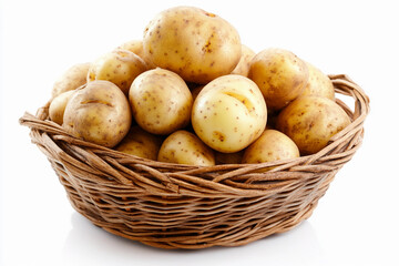 Fresh potatoes in a woven basket on a white background. Generative AI