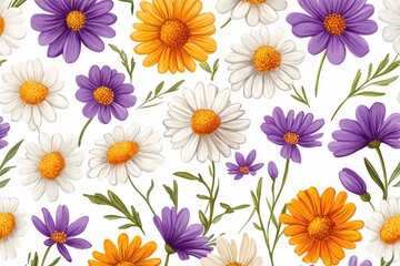 Colorful floral pattern featuring daisies and other wildflowers on a bright background