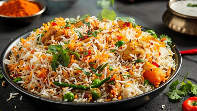 Delicious Indian chicken biryani served with assorted vegetables and aromatic spices, showcasing vibrant colors and flavors in an inviting dining setting