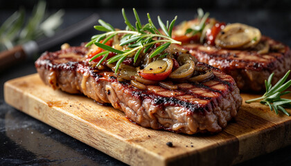 Perfectly cooked New York strip steak on wooden cutting board, culinary delight