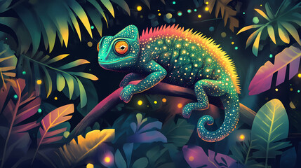 Obraz premium A curious chameleon blending into a colorful, fantasy jungle filled with glowing plants and friendly insects, stylized illustration, enchanting and vibrant. Bioluminescent Jungle Temple. Illustration