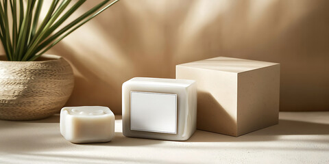 Obraz premium Neutral-toned still life featuring square candles a cube and potted greenery against a beige backdrop with soft shadows.