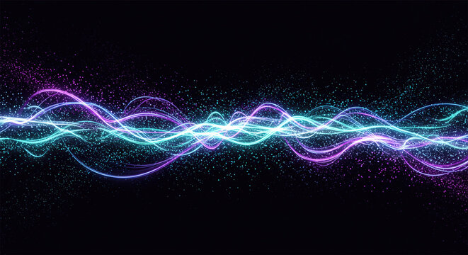 Background with glowing light blue and purple lines, particles of data flowing in the air.