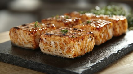 Grilled Salmon Cubes on Slate Tray with Thyme, Restaurant Setting