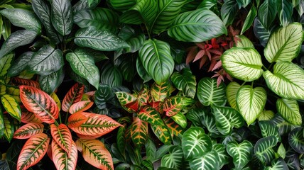 Obraz premium Lush greenery wall with diverse tropical foliage for home and garden decor inspiration,International Plant Appreciation Day