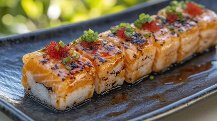 Grilled salmon sushi rolls on black plate, outdoor cafe setting