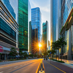 Naklejka premium Cityscape featuring modern skyscrapers with vibrant colors and a rising sun casting a golden glow over the streets and palm trees.