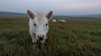 Obraz premium White calf grazing, misty field, distant cattle