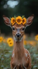 Adorable young deer with a sunflower crown, standing in a field of sunflowers. The soft lighting and warm colors create a magical scene.