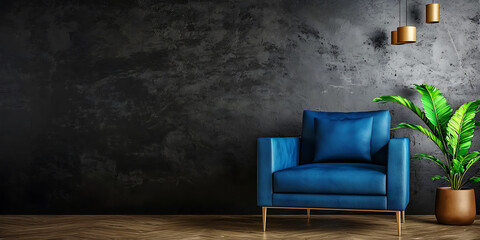 Blue armchair against a textured dark wall accented by a potted plant and gold pendant lights.