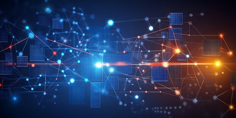 Obraz premium Interconnected nodes and lines form a network illuminated with blue and orange lights symbolizing data transfer or technological systems.