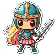 Obraz premium Adorable chibi knight girl, ready for battle! Teal armor, blonde hair, and a cute pink skirt. Perfect for fantasy-themed projects.