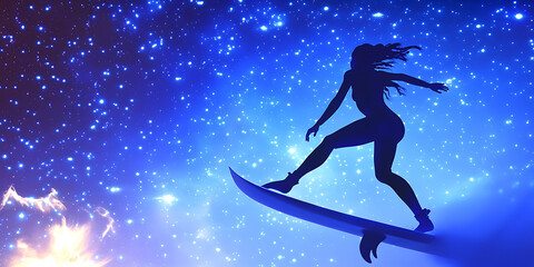 Naklejka premium Silhouette of a woman surfing on a surfboard against a starry vibrant blue and white sky.