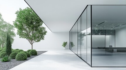 Obraz premium Modern Minimalist Architecture with Glass Walls and Greenery
