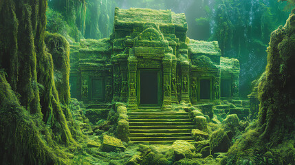 Ancient mosscovered temple hidden deep within a vibrant emerald jungles tangled embrace. Bioluminescent Jungle Temple. Illustration