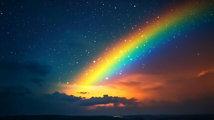 Fototapeta premium A vibrant rainbow arc stretches across a twilight sky filled with stars illuminating clouds with a soft ethereal glow.