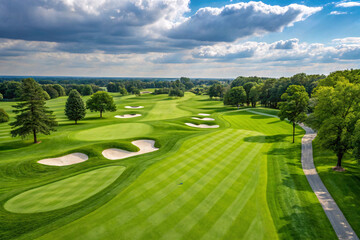 Naklejka premium A scenic landscape featuring a lush green golf course with sand bunkers scattered across the fairway and a tall trees