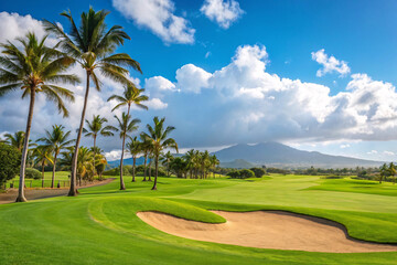 Obraz premium A scenic landscape featuring a lush green golf course with sand bunkers scattered across the fairway and a tall trees
