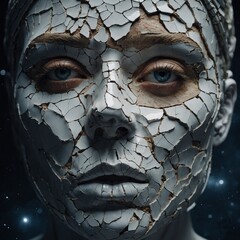 A Face Made of Cracked Porcelain, with a Universe Visible Through the Cracks &ndash; A surreal and poetic image.