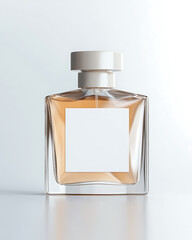 Elegant square perfume bottle filled with amber liquid and a blank white label isolated on a reflective white surface.