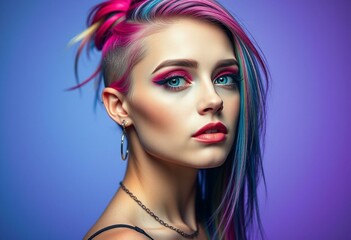 Vibrant female portrait with rainbow hair and edgy makeup