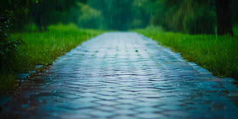 Fototapeta premium Rain falls on a cobblestone path lined with bright green grass and trees in a serene outdoor setting.