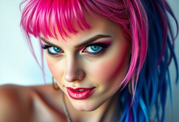 Portrait of a young woman with rainbow-dyed hair and bold makeup