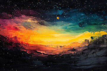 Fototapeta premium Vibrant painted sky over shadowy hills with a single shining star amidst a field of distant stars above.