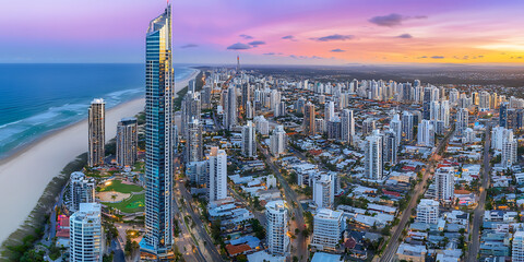 Fototapeta premium Coastal city skyline at sunset featuring a tall skyscraper sandy beach and numerous buildings against a colorful sky.