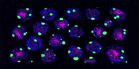 Microscopic view of cells exhibiting fluorescent staining; blue and purple nuclei surrounded by green markers.