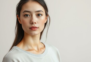 Fototapeta premium Portrait of a female individual with neutral makeup and simple clothing