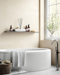 Modern bathroom with a round tub neutral tones wooden shelf and spring blossoms by a window.