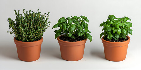 Fototapeta premium Three potted herbs thyme and basil sit in terracotta pots against a plain white background showcasing their fresh greenery.