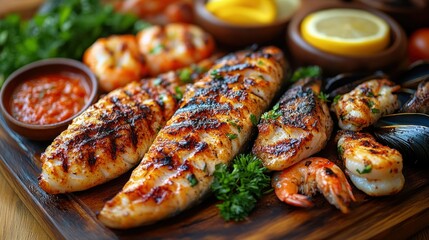 Grilled seafood platter with sauces and vegetables