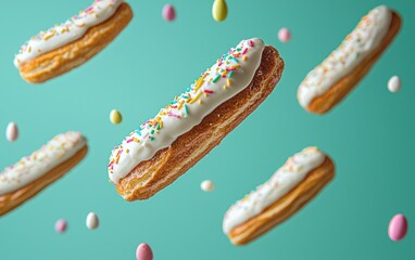 Floating Ã?clairs with pastel icing on a seafoam green background Easter Day