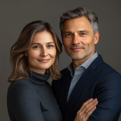 portrait of man and woman smiling together, warmth and connection. couple is dressed elegantly, with neutral background enhancing their features