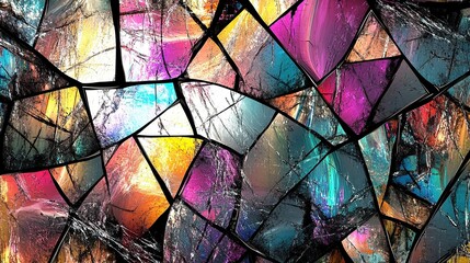 Overlapping squares of shattered stained glass brought to life with broad black ink outlines and streaks of creamy transparent gel mixed with metallic highlights 32k
