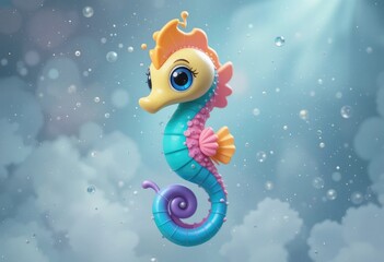 Fototapeta premium Adorable Cartoon Seahorse Illustration with Bubbles and Dreamy Underwater Background