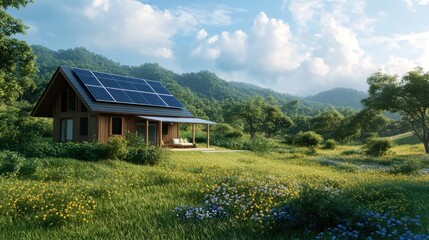 Fototapeta premium eco-friendly living, a charming wooden house with solar panels on a sloped roof and a lush garden depicts sustainable energy solutions