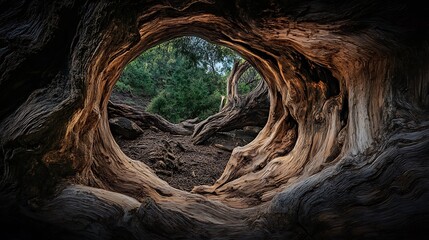 Ancient Tree Hollow: A Serene Forest Vista AI Generated