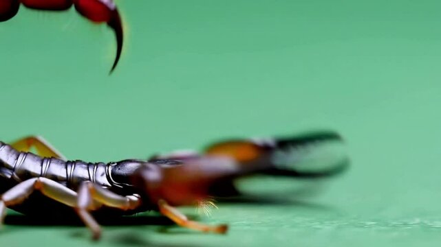 3D close-up of the Scorpion walking cycle side micro view animation on the solid green screen background, 4k rendering of scorpion walk on chroma key