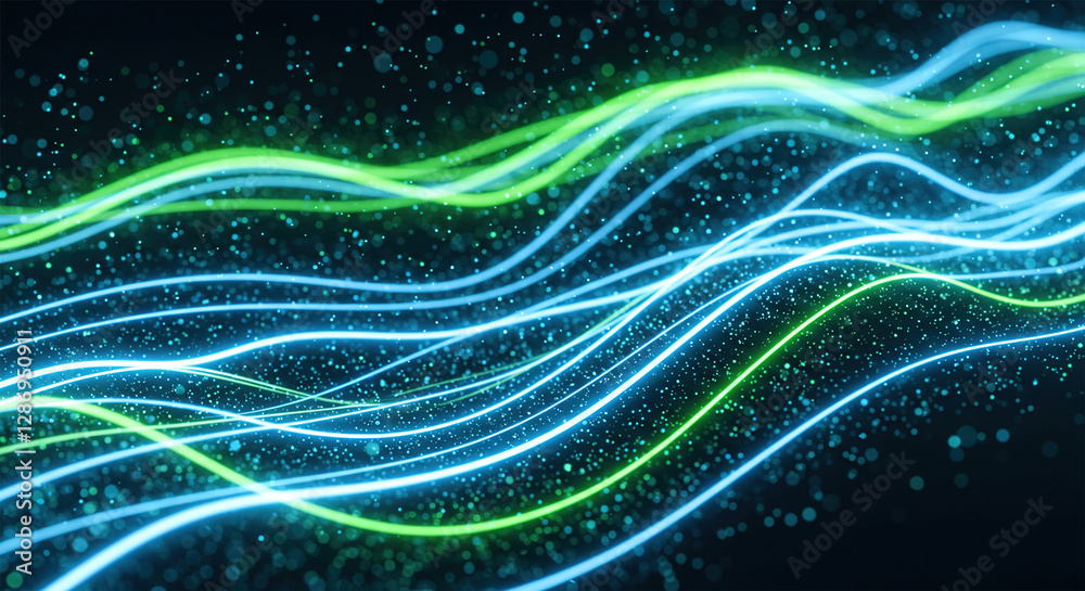 Fototapete light blue and green lines glowing in the background, data particles floating in the air.