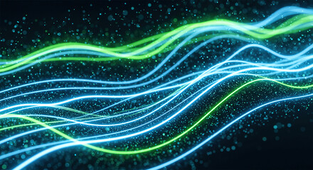 Light blue and green lines glowing in the background, data particles floating in the air.