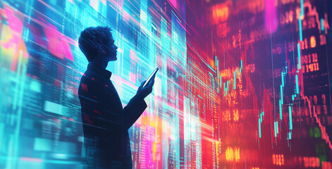Digital Future Man Using Smartphone Amidst Streaming Data & Stock Charts