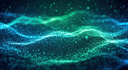 Light blue and green lines glowing in the background, data particles floating in the air.